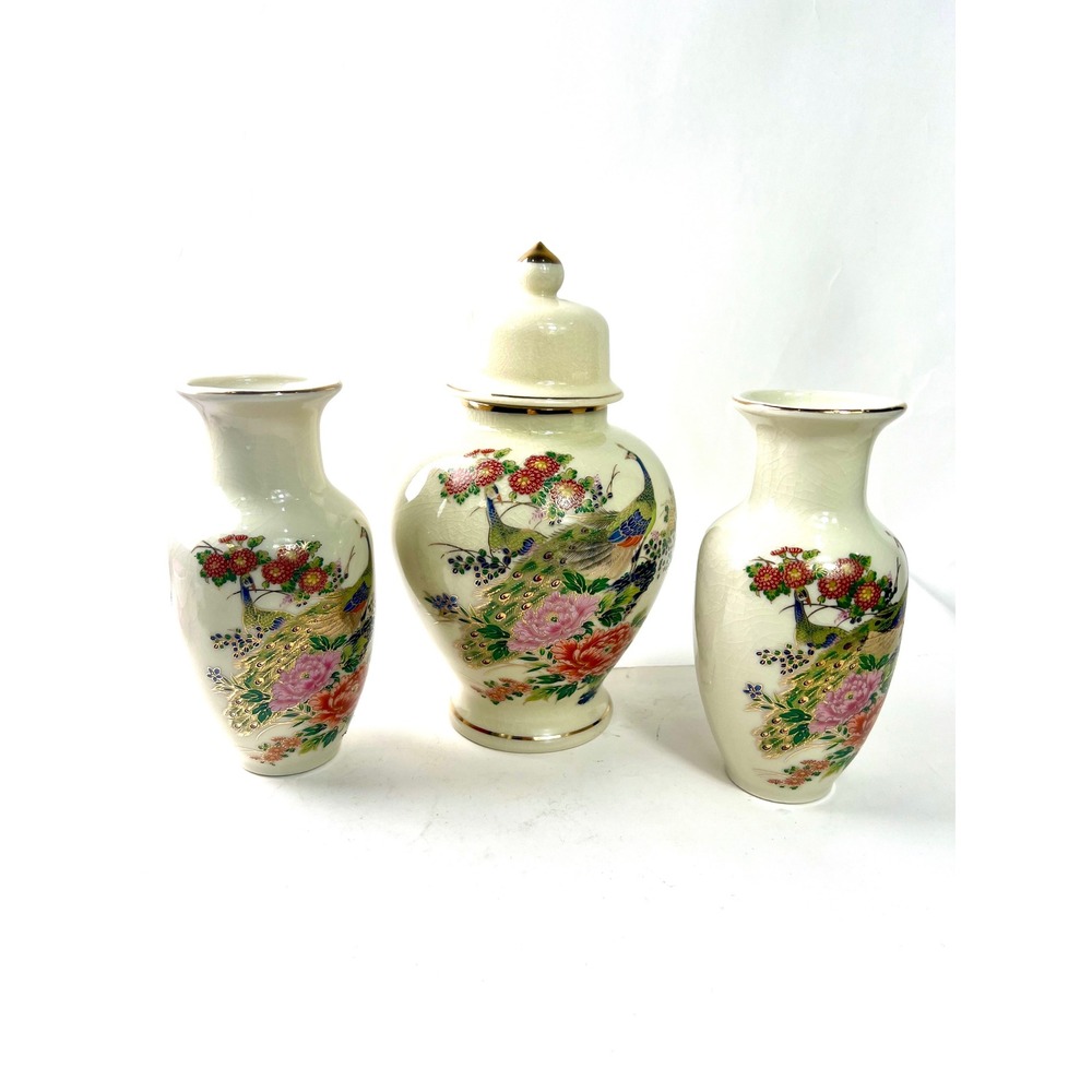 Vintage Japanese Satsuma Style Peacock Ginger Jar and Bud Vases 3 Piece Set Gold